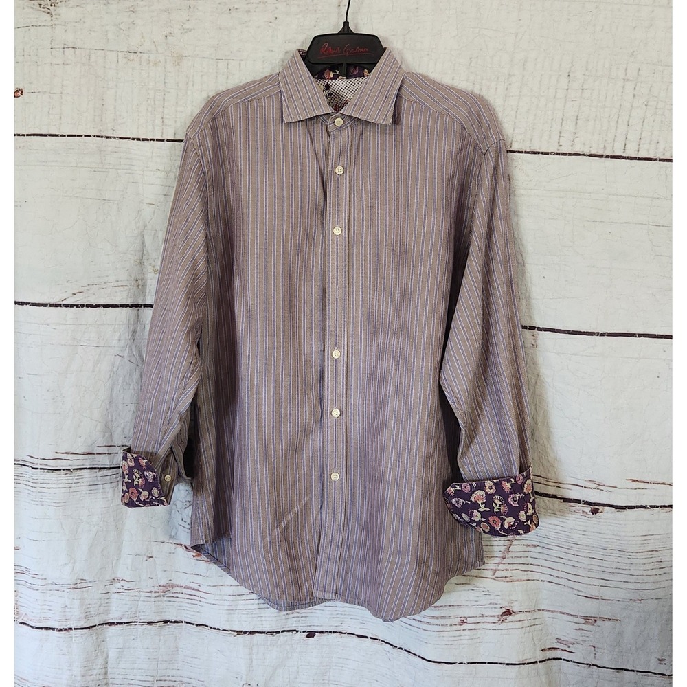 Robert Graham Mens Striped Long Sleeve Button Down Shirt Floral Cuffs Size L